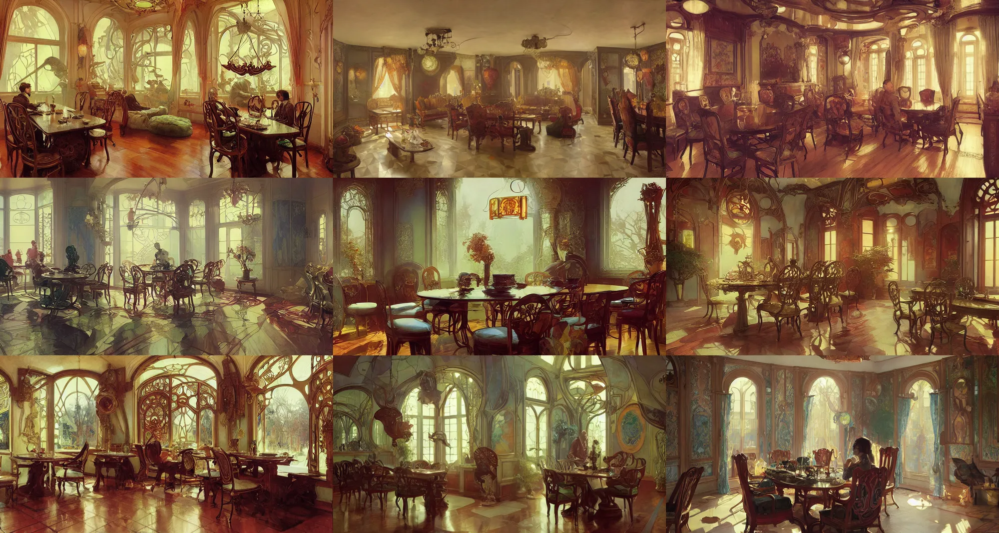 Prompt: home dinner room, art nouveau architecture, fantasy, art by joseph leyendecker, ivan aivazovsky, ruan jia, reza afshar, marc simonetti, alphonse mucha