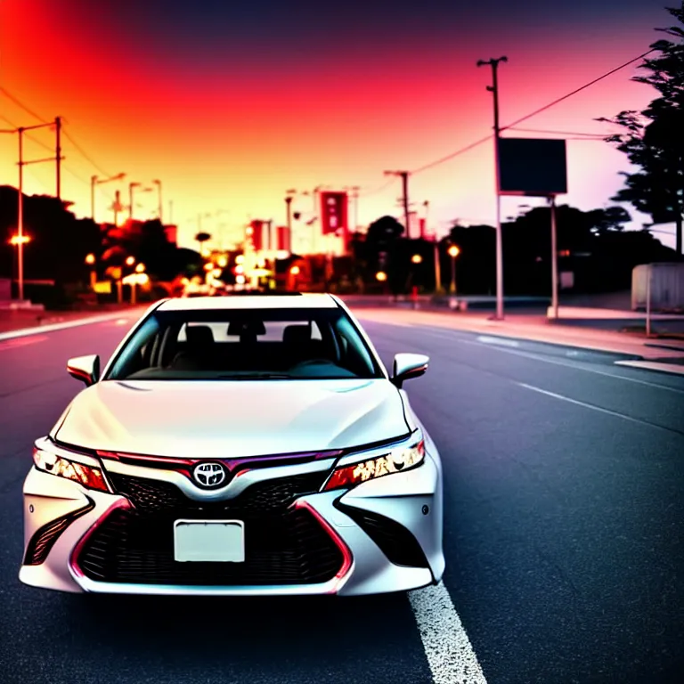 Prompt: close-up-photo TOYOTA CAMRY middle of street, sunset kanagawa prefecture, night, cinematic color, photorealistic, highly detailed,