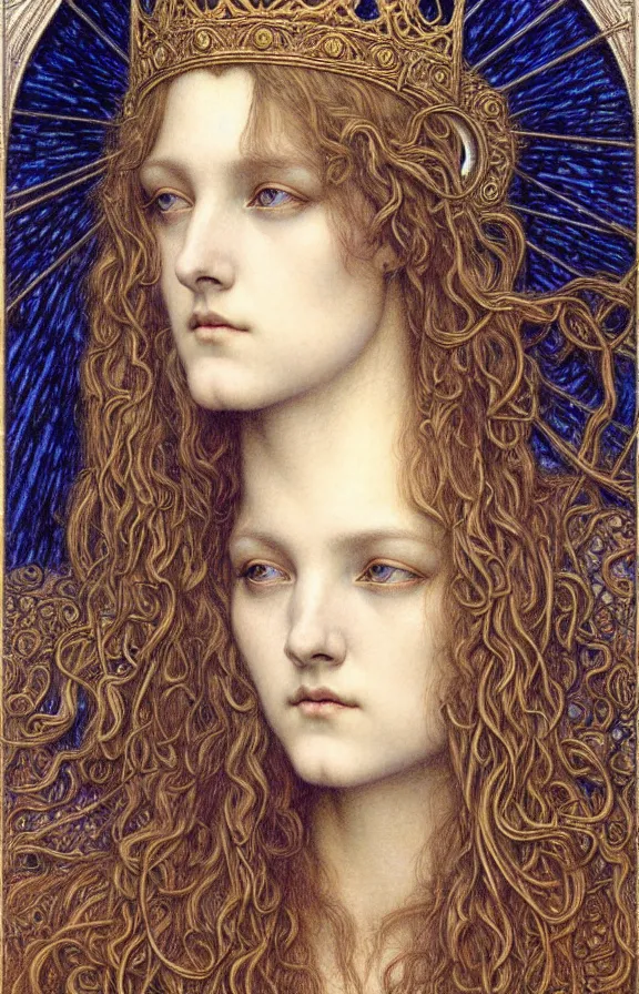 Image similar to detailed realistic beautiful young medieval queen face portrait by jean delville, gustave dore and marco mazzoni, art nouveau, symbolist, visionary, gothic, pre - raphaelite. horizontal symmetry