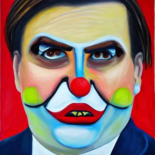 Image similar to oil canvas of jair bolsonaro as a sad clown