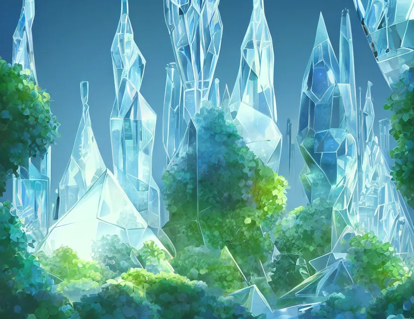 Prompt: beautiful futuristic crystal architecture with organic shapes, plants growing on it. gouache, limited palette with complementary colors, by award - winning mangaka, backlighting, bold composition, depth of field.