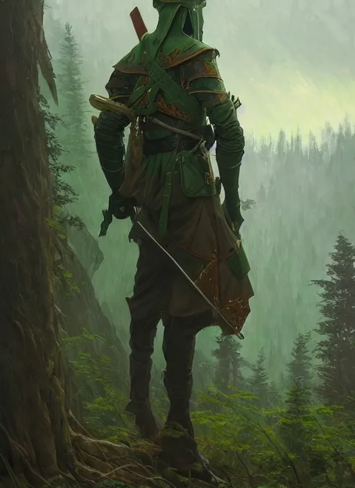 Image similar to elf soldier wearing dark green with a shield and sword on his back standing at a forest looking for adventure in the mountains, tall trees, landscape is lush, moody sunset in background, greg rutkowski, alphonse mucha, trending on artstation, artgerm, unreal engine, breathtaking, award winning, highly detailed