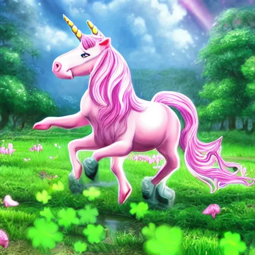 Prompt: a pinkish, purplish, unicorn frolicking, in a field of 4 leaf clovers, being ridden by a leprechaun, being chased by a sasquatch, diffuse lighting, fantasy, intricate, elegant, highly detailed, lifelike, photorealistic, digital painting, artstation, illustration, concept art, smooth, sharp focus, art by John Collier and Albert Aublet and Krenz Cushart and Artem Demura and Alphonse Mucha