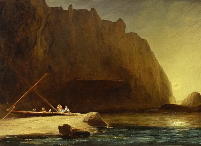 Image similar to a painting of the boat of charon in the river styx by felix resurreccion hidalgo