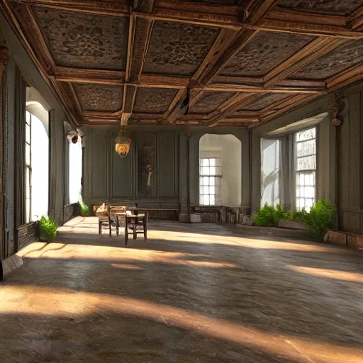 Image similar to inside a victorian dining room roof is damaged and moss is growing on the erroded walls sunlight shines through the windows and produces rays of light in the dust ray traced unreal 5, ultra details