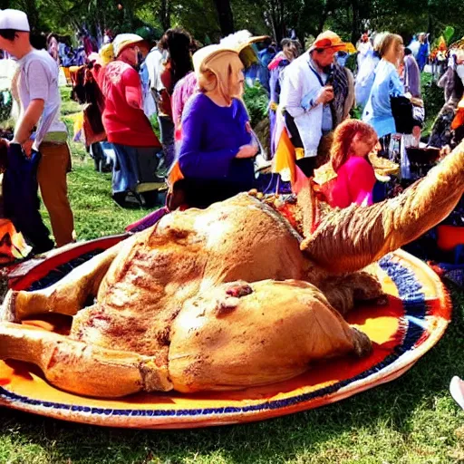 Prompt: wide shot of a whole roast camel served on a giant plate in front of a group of people in Halloween costumes at a picnic. The picnic is a Halloween party.