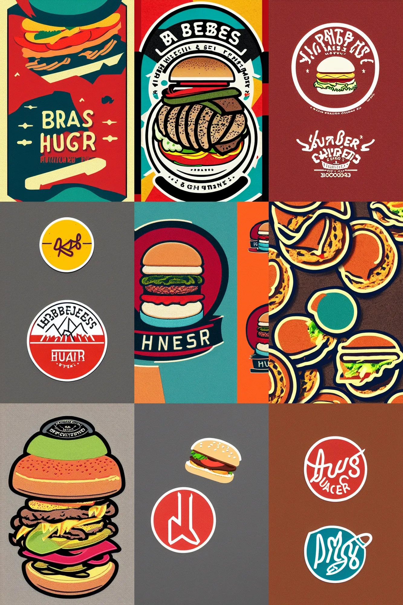 Prompt: logo design, hamburger, patch logo, by mcbess, full colour print, gradients, 1 9 5 0 s, high detail spiral design