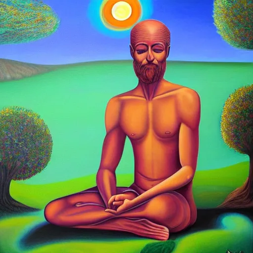 Image similar to painting of a peaceful man relaxing under a tree by alex grey, acrylic art, calm, soothing, cosy, elegant, soft light,