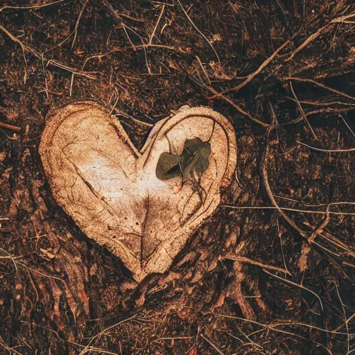 Image similar to photograph of a real human heart sitting on the ground in a forest of dead trees