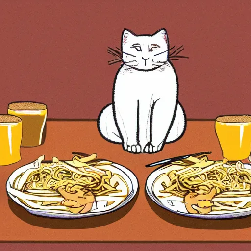 Prompt: fat cat eating noodles on toast, digital art