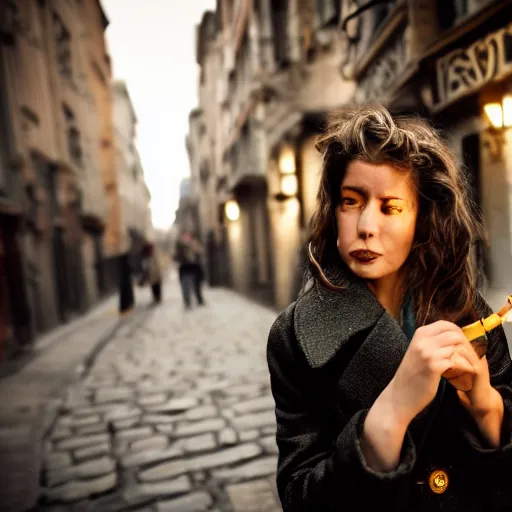 Image similar to A smirking woman in a dark coat lights a cigarette with an ornate gold lighter. She stands in a cobblestone street. The sky is a hazy gray, and her hair resembles a burnished halo. Her eyes are lined with blue kohl that glistens in the light, and her lips are painted red. A chill wind sweeps down the street.