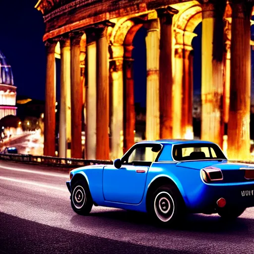 Prompt: a fiat 124 « Jigouli » in the middle of a road on the night Rome, blue color grading, cinematic color grading , unreal 5, hyperrealistic, realistic, photorealistic, dynamic lighting, highly detailed, cinematic landscape, studio landscape, studio lighting