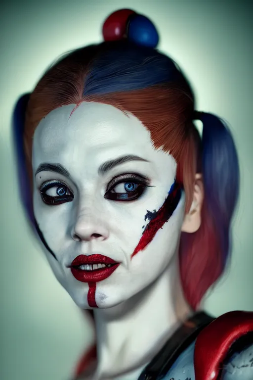 Image similar to a portrait of a very detailed Harley Quinn by Greg Rutkowski, Sung Choi, Mitchell Mohrhauser, Maciej Kuciara, Johnson Ting, Maxim Verehin, Peter Konig, final fantasy , mythical, 8k photorealistic, cinematic lighting, HD, high details, atmospheric,