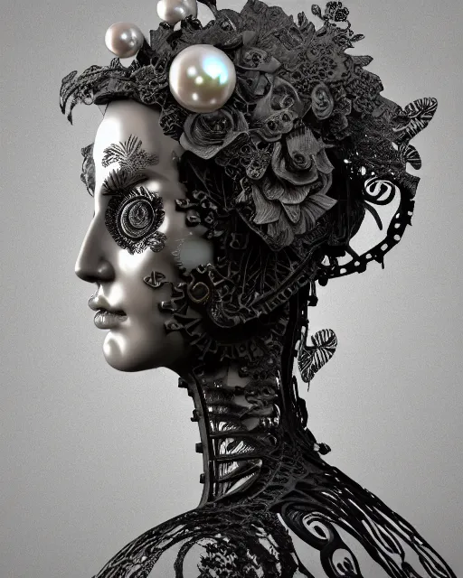 Image similar to monochrome 3 d model, profile portrait 1 8 9 0 picture, silver lace floral steampunk biomechanical beautiful young female cyborg with techno eye, volumetric light, leaves foliage and stems, hibiscus flowers, sinuous fine roots, fine foliage lace, alexander mcqueen, rim light, big gothic fashion pearl embroidered collar, octane render, dutch masters, 8 k