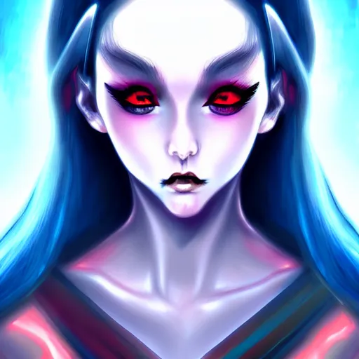 Image similar to portrait of demon queen, anime, digital painting, devian art, trending on artstation, facial touch up, hd, 4 k