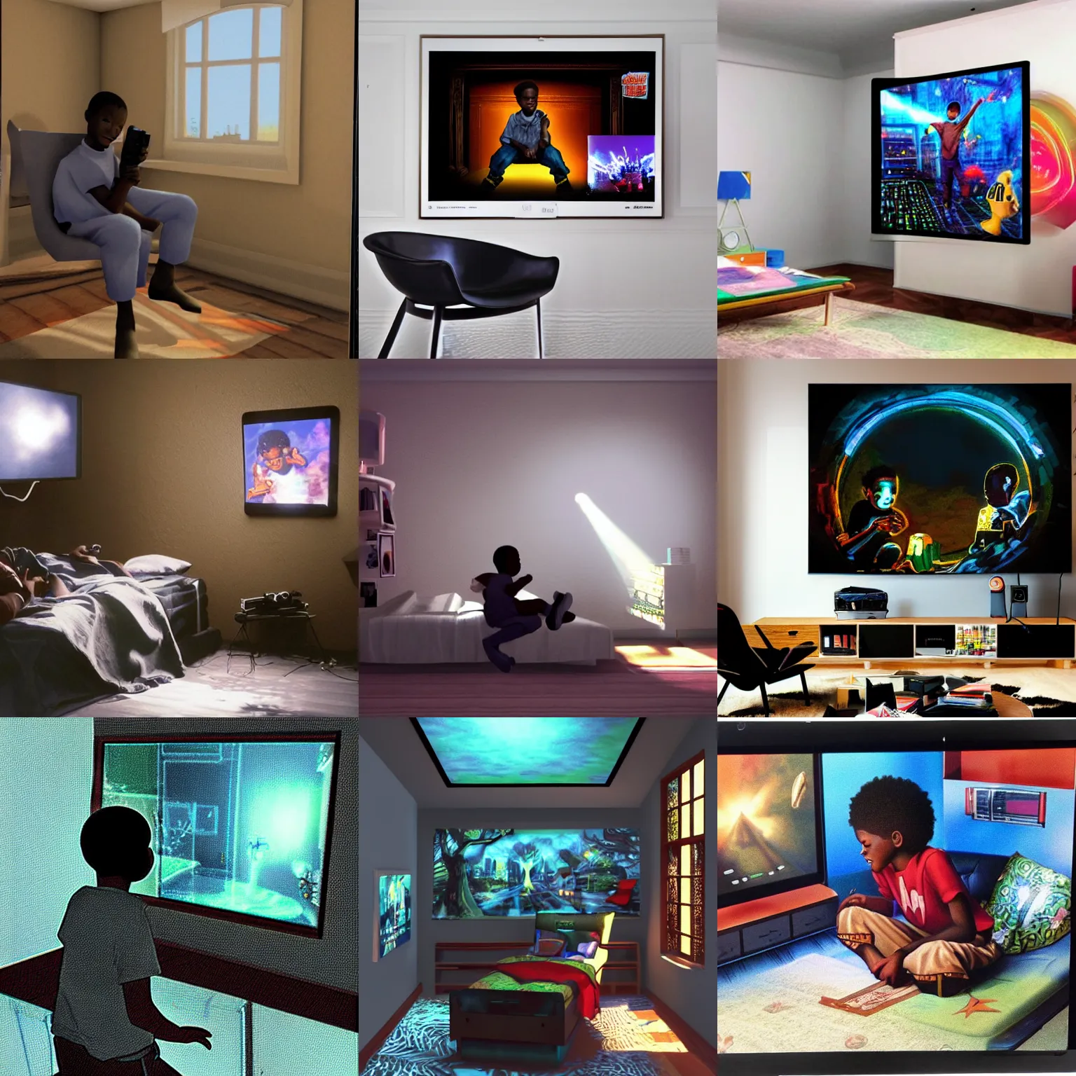 Prompt: a black boy ( a black boy playing video - game in your room!!! ) ( 1 9 9 0 s ) elegant digiral art high detailed, volumetric light - s 1 5 0