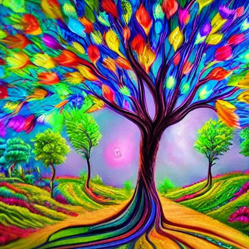 Image similar to magical realism fantasy tree art detailed painting colourful 8K 3D