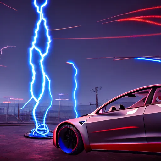 Image similar to photography of a hyper realistic cyberpunk tesla coils, highly detailed complex blue lightnings arround it. high detail, professional digital art, unreal engine 5 8 k rendering, stunning, clear render, artstation