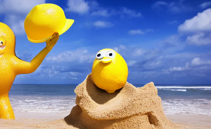 Image similar to 5 0 mm photograph, of a real anthropomorphic lemon character, with lemon skin texture, it is wearing a hat and scuba diving, building a sandcastle on the beach at sunset, beach, huge waves, sun, clouds, tropical trees, rim light, cinematic photography, professional, sand, sandcastle, volumetric lightening