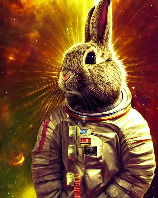 Prompt: portrait of a rabbit wearing a space suit after eating 3 mg of lsd dof hdr art by aleksi briclot and alexander'hollllow'fedosav and laura zalenga