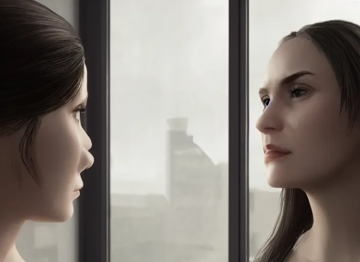 Prompt: a portrait of a woman standing infront of a window, a man is standing behind her with a look of suprise in his face, 8 k, photorealistic, unreal engine,