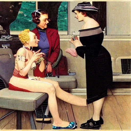 Image similar to A synthetic woman meets others for the first time, by Norman Rockwell.