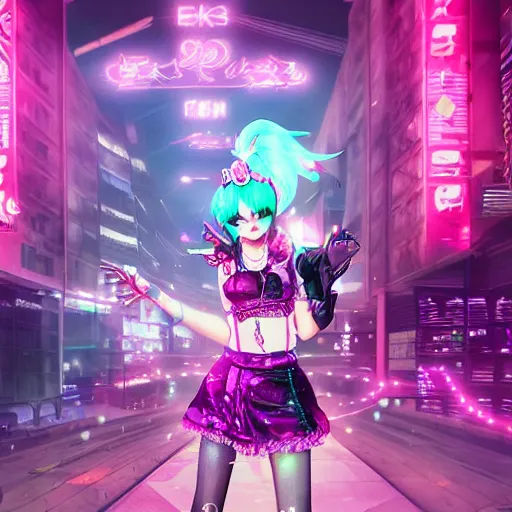 Prompt: a girl like (jinx, Princess peach), dancing, background cyberpunk city, kpop, fullshot, photo, volumetric lighting, epic composition, intricate details, dark neon punk, by KDA