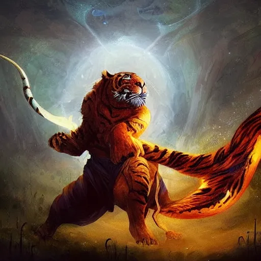 Prompt: A Wizard battling a Tiger, Photo Credit: National Geographic, digital art, masterpiece; trending on ArtStation; by MotG digital painting by R.J. Palmer; by Anato Finnstark