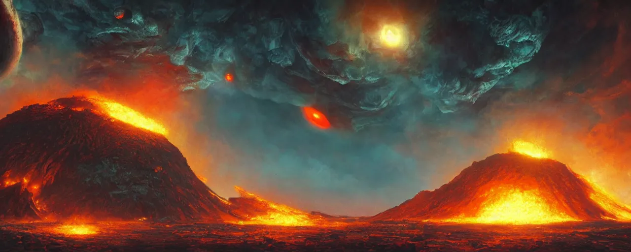 Image similar to ” outer planet with erupting volcanoes, [ art by paul lehr, cinematic, detailed, epic, widescreen, opening, establishing, mattepainting, photorealistic, realistic textures, octane render ] ”