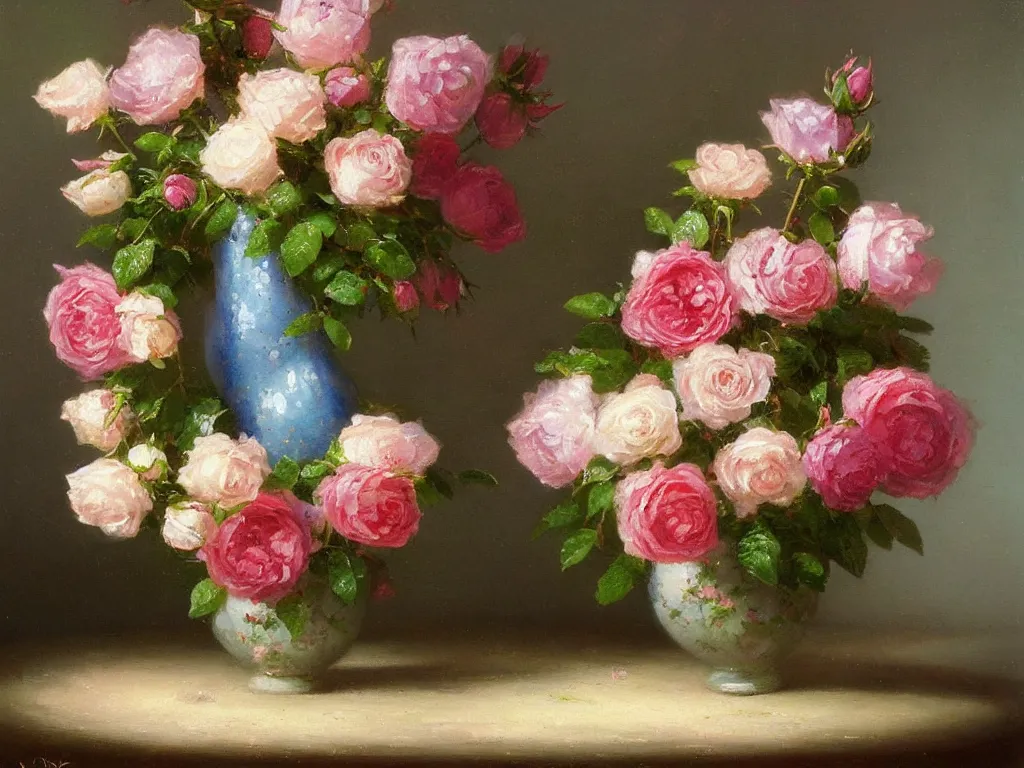 Prompt: one vase with brier roses, style thomas kinkade