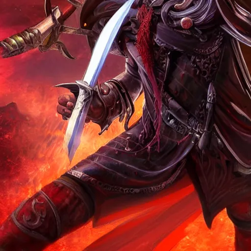 Image similar to Fantasy digital art for magic the gathering card, a close-up shot of a sword with a gun as the hilt currently across the back of a cowboy, red in the background with images of battle all around