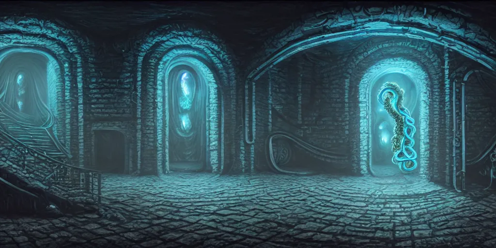 Image similar to a lovecraftian tentacle monster inside of a stone brick room, matte oil painting, staircases, cosmic, concept art, nebula, high fantasy, extremely detailed, disturbing, trauma, award - winning, 4 k, 8 k