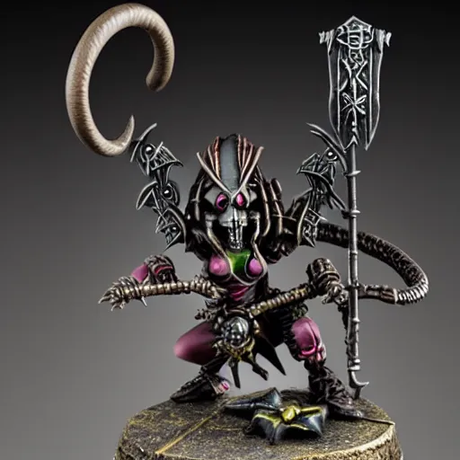 Image similar to photo of a female skaven from warhammer, skull rings, skull shield, warhammer model, figurine, highly detailed, sharp focus