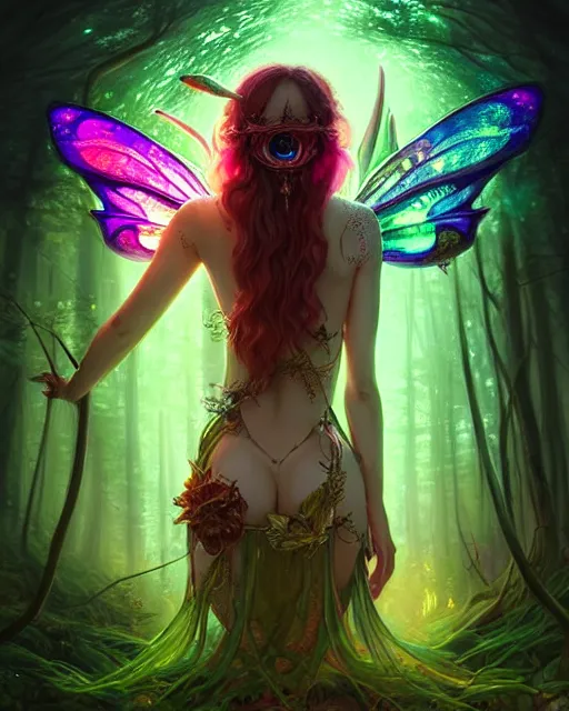 Image similar to stunningly beautiful female faerie priestess in amanita muscaria forest landscape, symmetrical wings on back, symmetrical face, neon hair, fantasy art, dark light night, sharp focus, digital painting, 4 k, concept art, art by wlop, artgerm, greg rutkowski and alphonse mucha