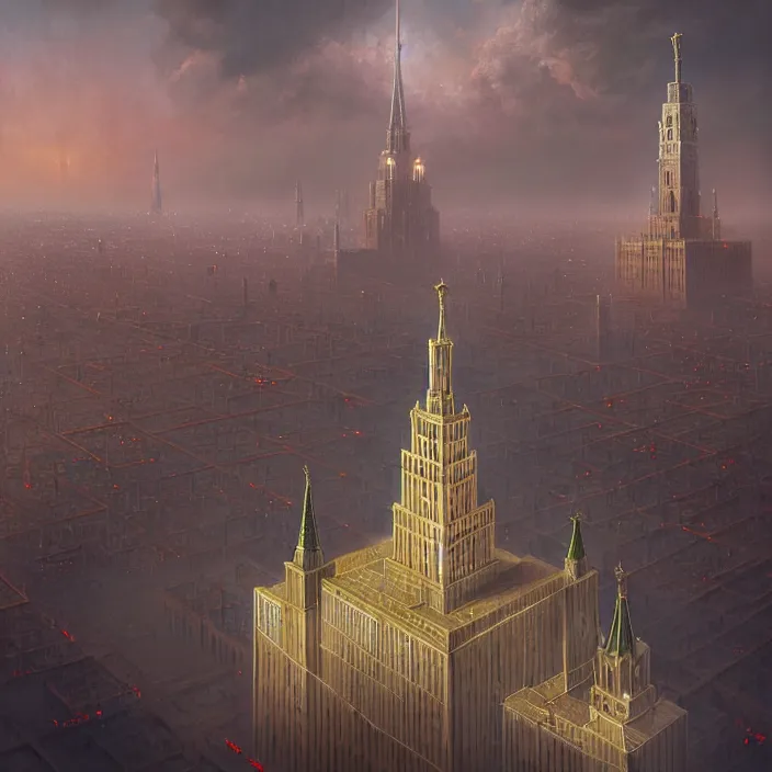 Image similar to matte painting by marc simonetti, jonathan solter, greg rutkowski of a moscow state university building, masterpiece, cinematic, hyperdetailed, photorealistic, hyperrealism, architecture, aerial view,