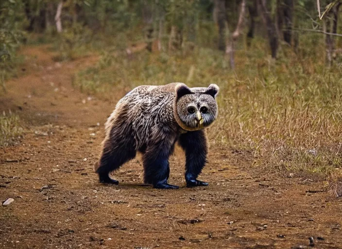 Prompt: an award winning photo of a owl - headed bear, very very bear, bear walking on all fours, full body portrait, forest, 4 k, wildlife photography, high quality, national geographic