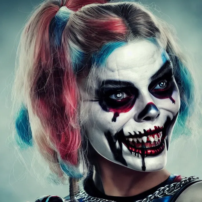 Image similar to skull of Margot Robbie as harley quinn. intricate abstract. intricate artwork. nightmare fuel. by Tooth Wu, wlop, beeple, dan mumford. octane render, trending on artstation, greg rutkowski very coherent symmetrical artwork. cinematic, hyper realism, high detail, octane render, 8k, iridescent accents