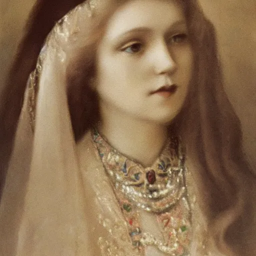 Prompt: portrait of Anastasia Nikolaevna, high quality, vivid, highly detailed, alternate history, Romanov, Russian princess, Philip de László , Romanticism, 1921