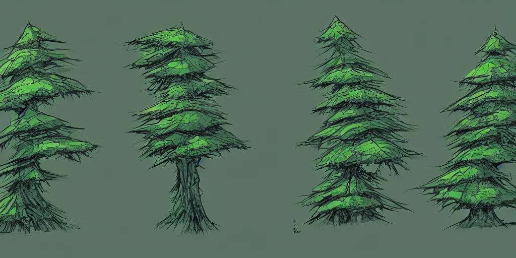 Image similar to elaborate concept art sketches of green spruce trees in a side view, trending on artstation in a stylized studio ghibli look, high quality detailed, award winning