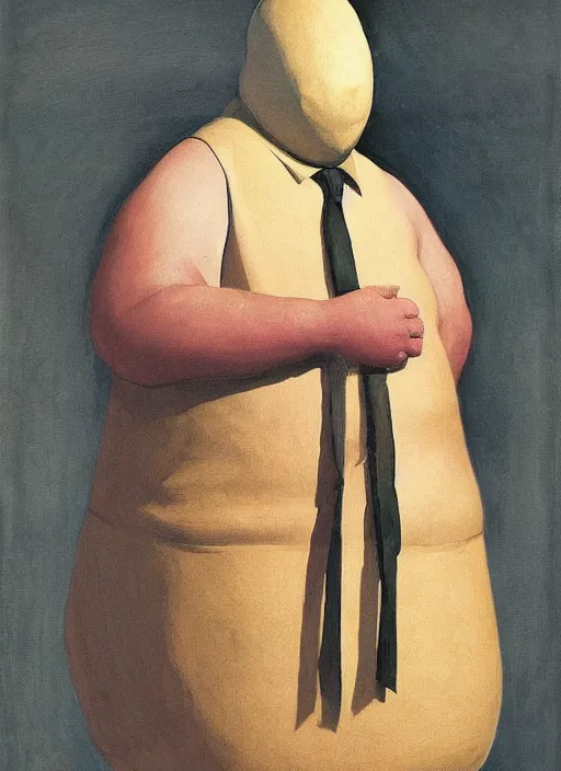 Image similar to large fat man in dress made from plastic bag with paper bags for clothes standing inside paper bags with paper bag over the head at store display Edward Hopper and James Gilleard, Zdzislaw Beksinski, highly detailed