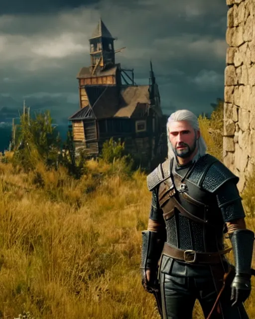 Image similar to Keanu Reevez in the role of Witcher III Gerald of Rivia, amazing short, 8K, IMAX, ultra detailed