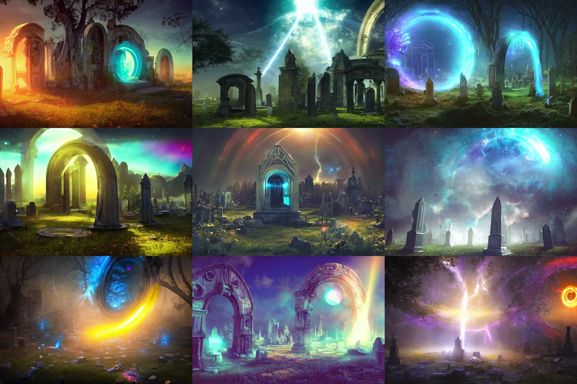 Prompt: photograph of a scifi portal portal to bright heaven in a graveyard graveyard, cinematic, tyndall effect, sunlight, god rays, hypermaximalist, detailed, landscape 4k, 8k, breathtaking stars, surrealism, distant, concept art, digital art, sharp focus, mystic hues, acid pixie, RTX, octane render, Trending on DeviantArt