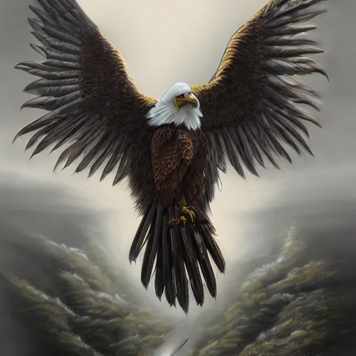 Image similar to A extremely detailed painting of a eagle with a fighterjet-helmet, standing bird, sharp claws, cloudy, midnight, smoke, ultra high detail digital art, trending on Artstation, unreal engine