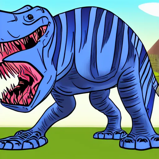 Image similar to a stylized blue t - rex dinosaur with darker blue stripes in an adult cartoon rough style