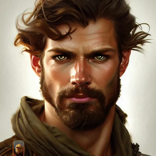 Image similar to Portrait of rugged male ranger, D&D, amber eyes, face, long hair, muscular, fantasy, intricate, elegant, highly detailed, digital painting, artstation, concept art, smooth, sharp focus, illustration, art by artgerm and greg rutkowski and alphonse mucha