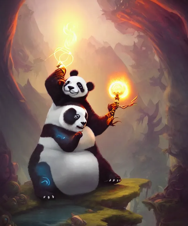 Prompt: a portrait an anthropomorphic panda mage casting a spell, wearing mage robes, landscape in background, cute, dnd character art portrait, by jason felix and peter mohrbacher, cinematic lighting