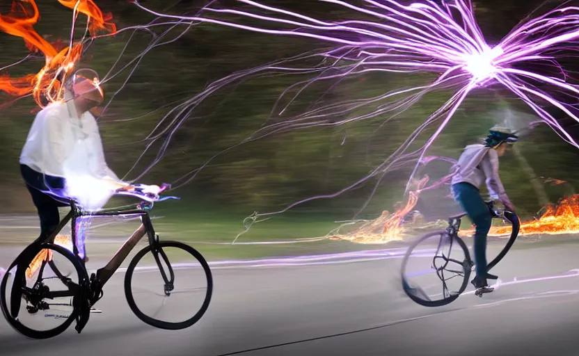 Image similar to a person on a high-tech bicycle with a rocket engine attached to the back, flames and fire shooting out the back, light trails and motion blur and sparks, stylized photo