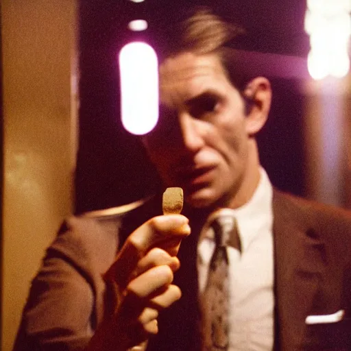 Image similar to movie scene still frame of a stern and pale man in a beige peak lapel suit holding up a spoon in his hand in a menacing and threatening way and standing near a nightclub, chiaroscuro, neon lighting medium full shot, kodak gold 200 film