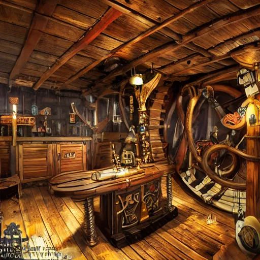 Image similar to interier view of award - winning pirate themed escape room set on the top deck on pirate ship from 1 7 2 0. steampunk. trending on artstation, realistic.