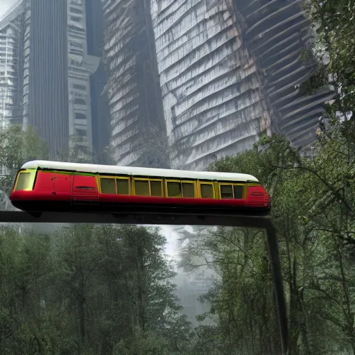 Prompt: a floating metro flying through an overgrown abandoned city